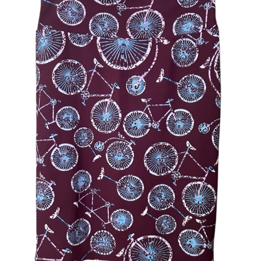 LuLaRoe Cassie Burgundy and Blue Bicycle‎ Print Skirt